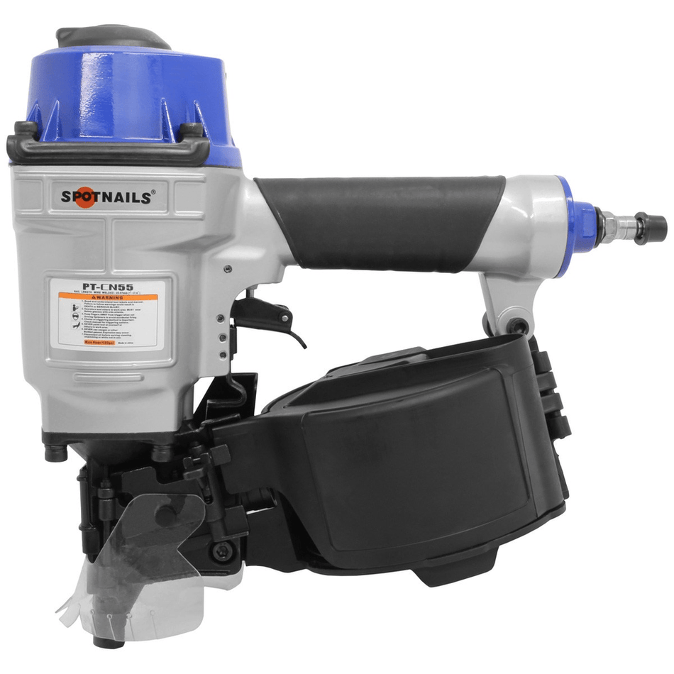 A full side view of the SpotNails PT-CN55 pneumatic coil siding and fencing nailer, showcasing the silver aluminum body with a blue top cap, an ergonomic black rubber grip, a clear plastic safety dust shield, and a heavy-duty black nylon coil nail magazine canister against a solid white background.