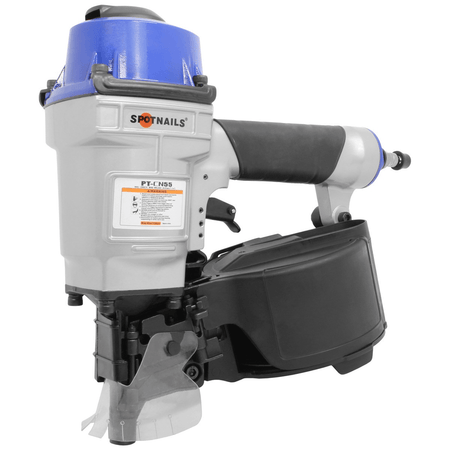 A three-quarter studio photograph of the SpotNails PT-CN55 pneumatic air nail gun tool, highlighting the narrow nose assembly, the safety warning label plate on the side of the silver cylinder frame, and the high-capacity side-loading coil magazine canister.