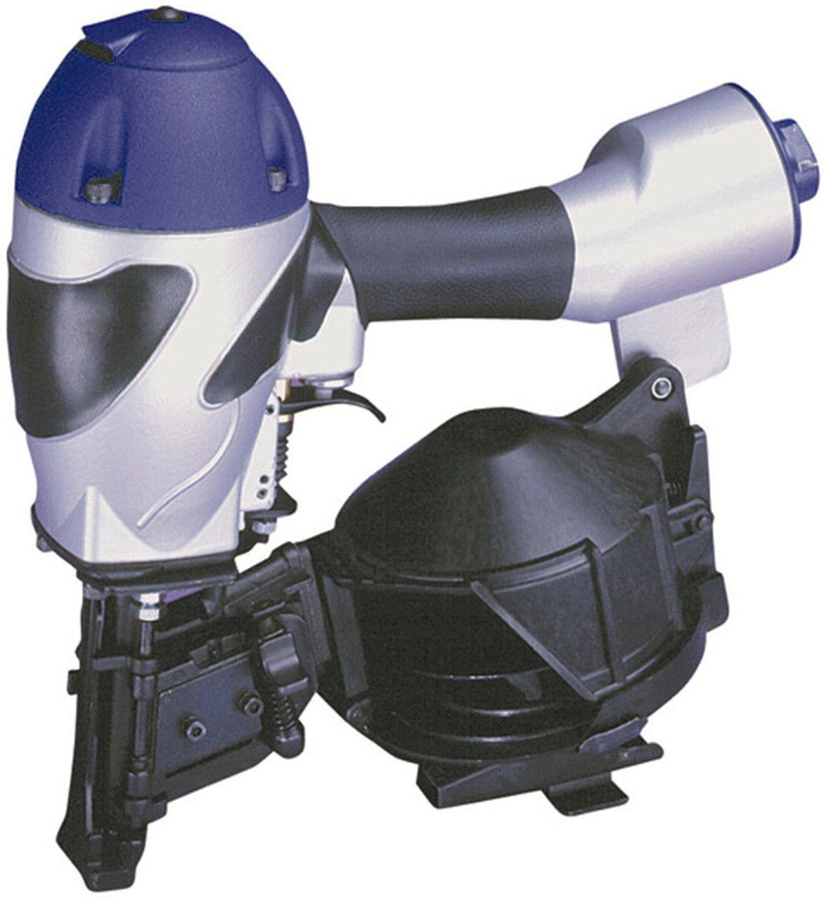 Side view of the SpotNails VRN45 pneumatic coil roofing nailer, showing the blue head, silver body, and large black coil magazine.