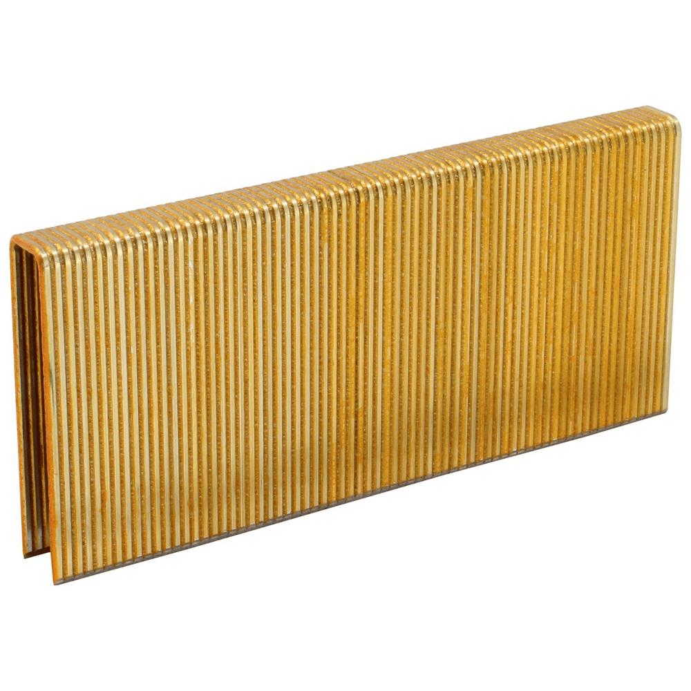 Close up image of crown staples. The image shows a connected row of shiny, golden-colored staples. Each staple has a flat top and two sharp, pointed legs extending downwards.