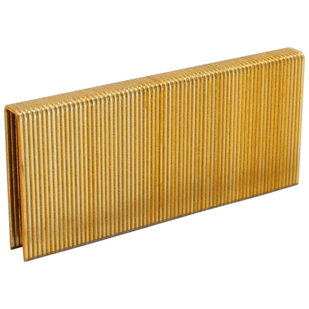 Close up image of crown staples. The image shows a connected row of shiny, golden-colored staples. Each staple has a flat top and two sharp, pointed legs extending downwards.