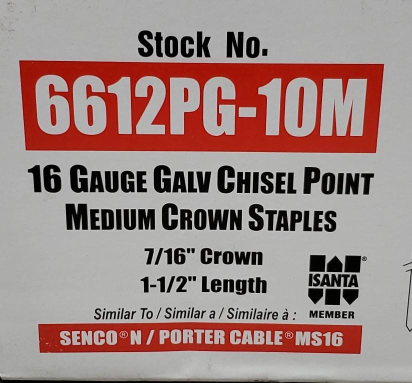 Close-up of product label on a box of Spot Nails galvanized sheathing staples. Label includes specifications: 16-gauge chisel point, 7/16-inch medium crown, and 1-1/2-inch length. Text indicates compatibility with Senco N and Porter Cable MS16 staplers. Branding includes “ISANTA MEMBER” and stock number 6612PG-10M.