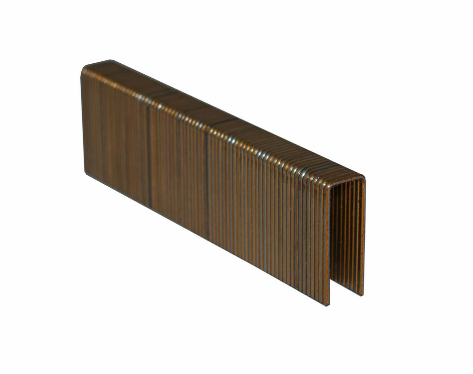 A close-up of a strip of 16-gauge 7/16-inch medium crown staples, showing the shiny galvanized finish and the clearly defined legs.