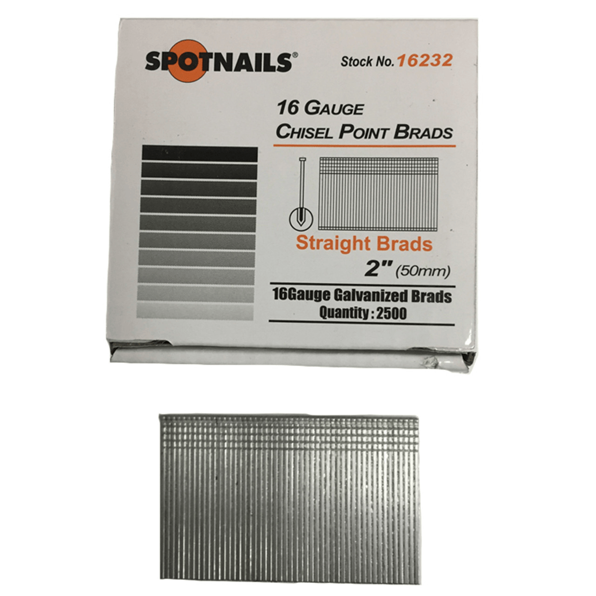 The Spot Nails 16232 product box, labeled as 16-gauge 2-inch chisel point brads, shown above a single straight strip of the galvanized nails.
