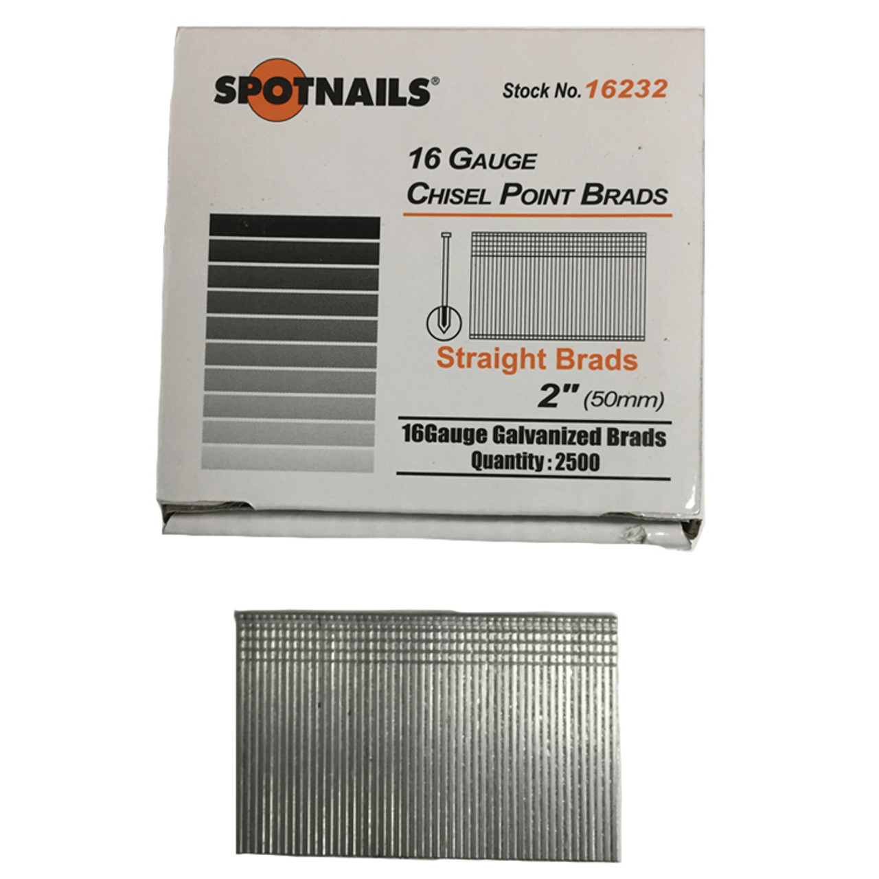 The Spot Nails 16232 product box, labeled as 16-gauge 2-inch chisel point brads, shown above a single straight strip of the galvanized nails.