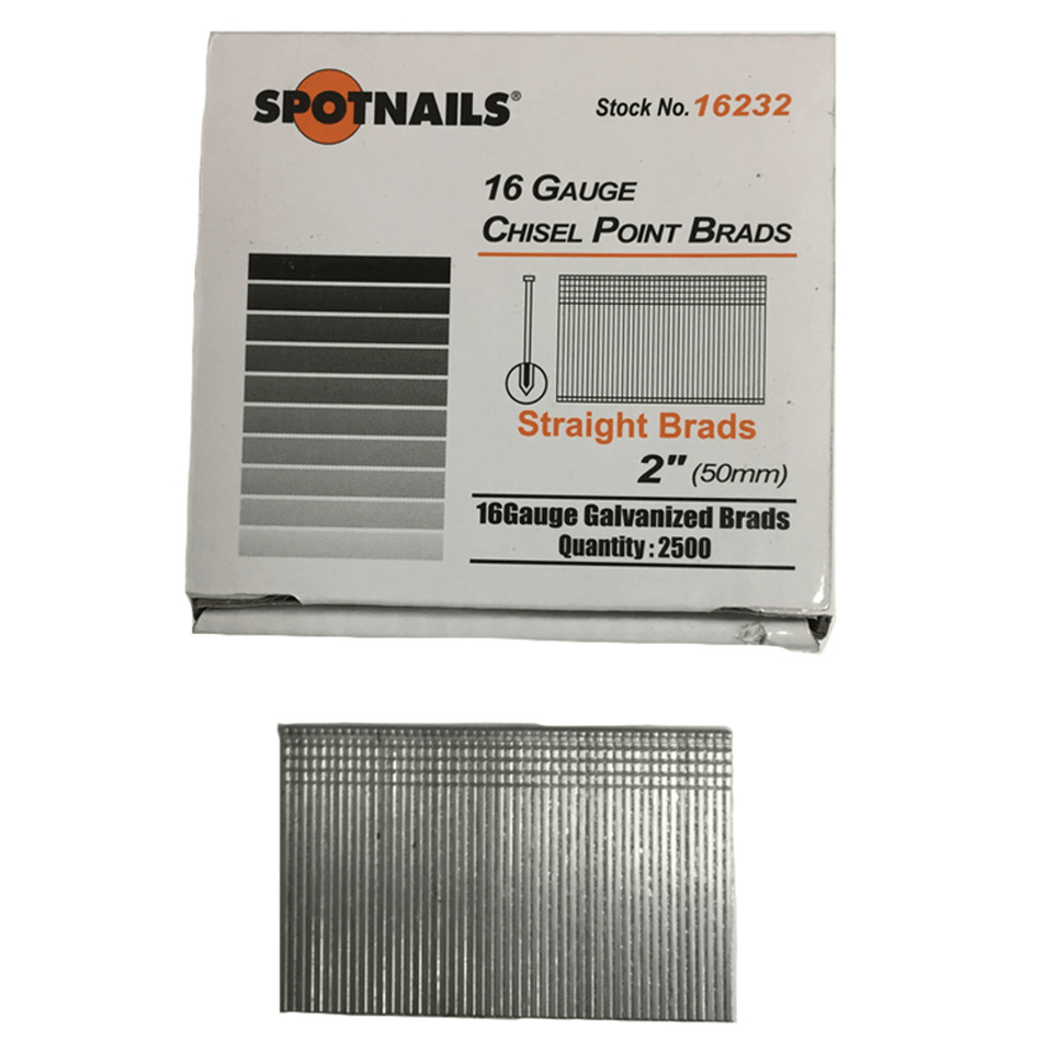 The Spot Nails 16232 product box, labeled as 16-gauge 2-inch chisel point brads, shown above a single straight strip of the galvanized nails.