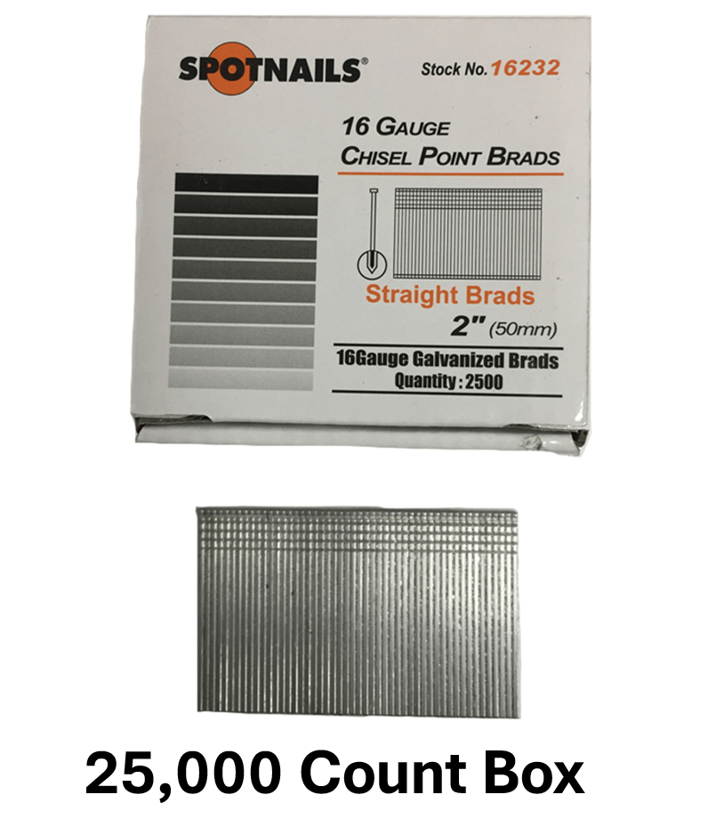 The Spot Nails 16232 2,500-count product box and a strip of nails, with text "25,000 Count Box" added to indicate it represents a full case.