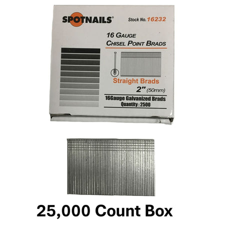 The Spot Nails 16232 2,500-count product box and a strip of nails, with text "25,000 Count Box" added to indicate it represents a full case.