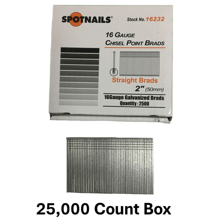 The Spot Nails 16232 2,500-count product box and a strip of nails, with text "25,000 Count Box" added to indicate it represents a full case.