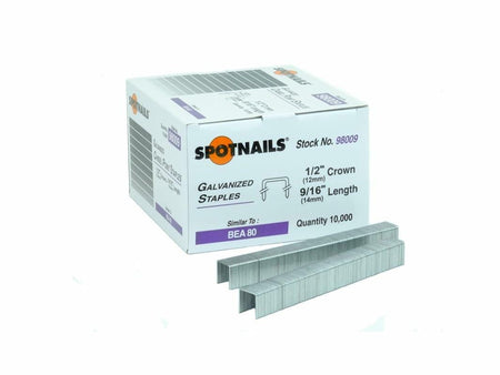 A box of Spot Nails Stock No. 98009 Galvanized Staples, specifying the 1/2-Inch Crown and Quantity 10,000, with two strips of the 1/4-inch leg upholstery fasteners lying in front.