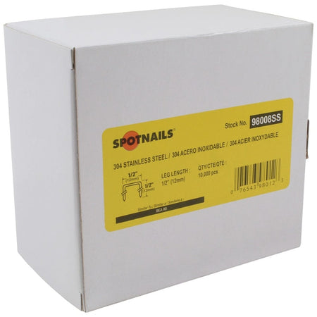 A white box of Spotnails staples. The yellow label identifies the staples as Stock No. 98008SS, 304 Stainless Steel, 10,000 count, with a 1/2-inch crown and 1/2-inch leg.