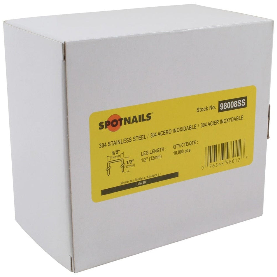 A white box of Spotnails staples. The yellow label identifies the staples as Stock No. 98008SS, 304 Stainless Steel, 10,000 count, with a 1/2-inch crown and 1/2-inch leg.