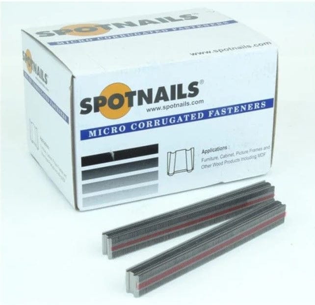 Box of Spotnails micro corrugated fasteners with two fasteners in front on a white background