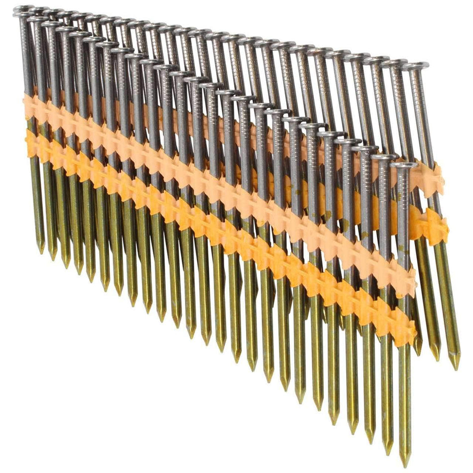 Strip of Spotnails collated framing nails with smooth shanks and clipped heads. Held together by plastic strip at 21° angle. Designed for pneumatic nail guns used in framing applications.