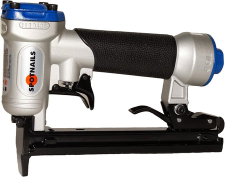 A silver and black Spotnails PSA1116 pneumatic upholstery stapler with a blue exhaust cap, showing the rear-load magazine and rubberized grip.