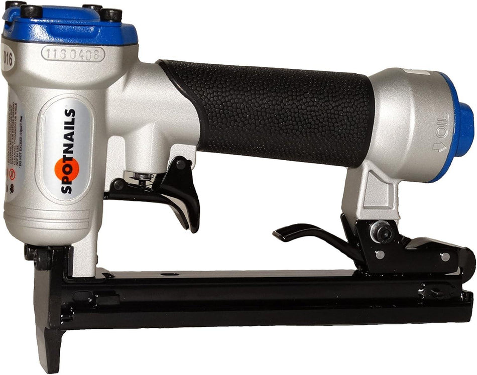 A silver and black Spotnails PSA1116 pneumatic upholstery stapler with a blue exhaust cap, showing the rear-load magazine and rubberized grip.