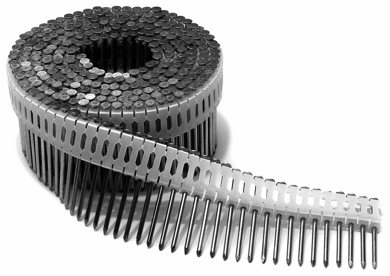A large coil of Spotnails 0-degree plastic collated nails, showing the galvanized ring shank fasteners held together by the white plastic strip.