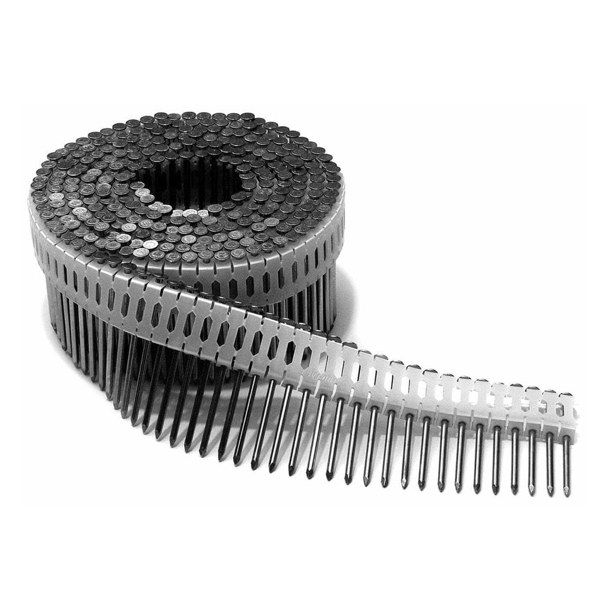 A large coil of Spotnails 0-degree plastic collated nails, showing the galvanized ring shank fasteners held together by the white plastic strip.