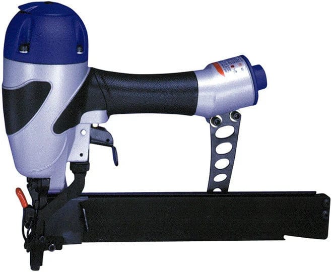 A side profile studio shot of the Spotnails WS4840 18-gauge narrow crown stapler, showing its blue cap, silver body, and long black staple magazine.