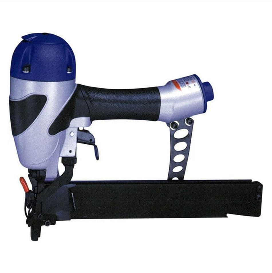 A side profile studio shot of the Spotnails WS4840 18-gauge narrow crown stapler, showing its blue cap, silver body, and long black staple magazine.