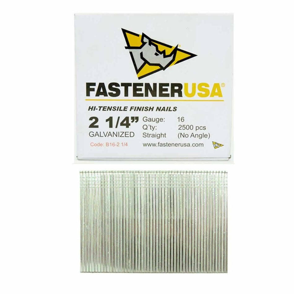 2-1/4" Finish Nails 16GA GALV 2,500ct B16-214 galvanized straight finish nails in a white box with nails displayed below