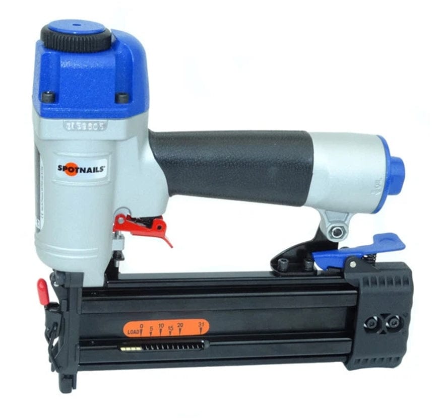 Studio shot of the Spotnails CB1650 16 gauge pneumatic finish nailer. The tool features a gray aluminum body, bright blue top cap, and a long black magazine with an orange fastener length scale and rubberized grip