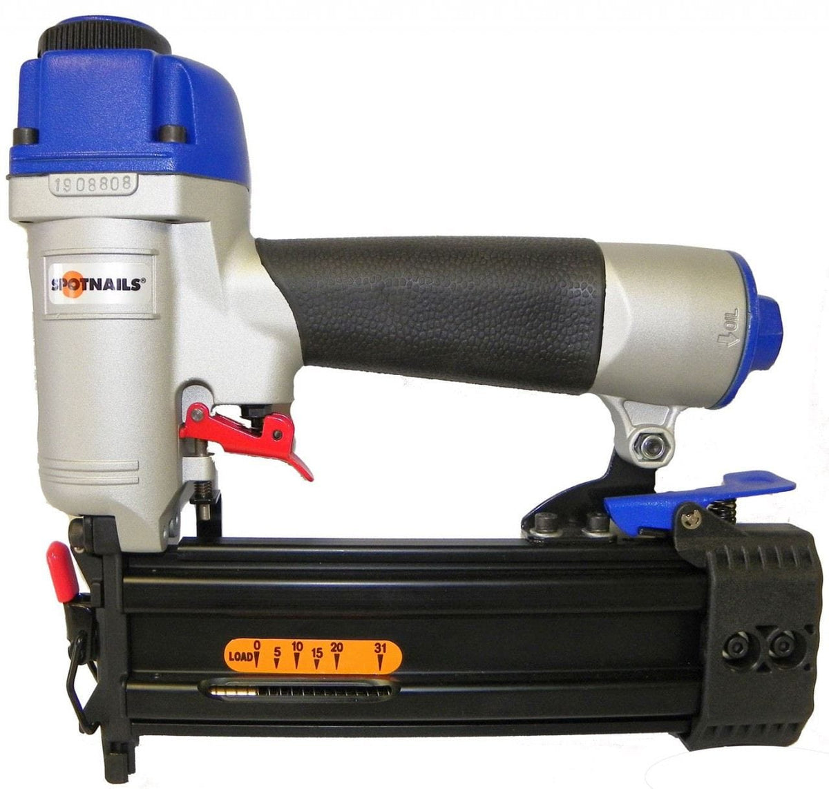 Spotnails CB1850 18 gauge pneumatic brad nailer with a silver magnesium body, blue cylinder cap, and side-load aluminum magazine for professional finish carpentry.