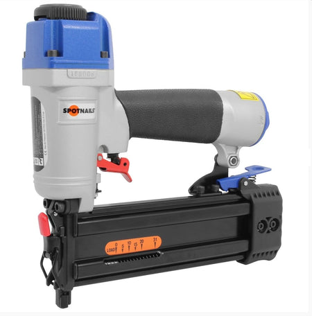 Angled view of the Spotnails CB1850 18-gauge brad nailer showcasing the adjustable depth control and fastener supply window for cabinets and trim molding.