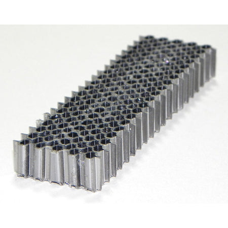 Spotnails 616-5M straight strip of 1-inch wide crown corrugated steel fasteners with 3/8-inch leg lengths for joining wood corner joints.