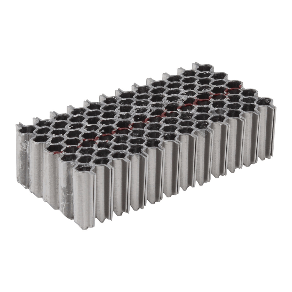 Spotnails 816-4M straight strip of 1-inch wide crown corrugated fasteners with 1/2-inch leg lengths for joining wood frame joints.
