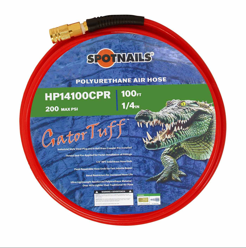 Retail packaging for the Spotnails GatorTuff HP14100CPR showing a coiled red 1/4 inch by 100 foot polyurethane air hose with key features listed, such as 200 PSI max pressure and cold weather flexibility.