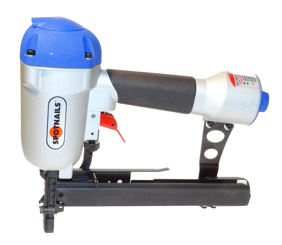 A side profile studio shot of the SpotNails X1C1008 MINI-CORR corrugated stapler, showing its blue cap, silver body, and black fastener magazine.