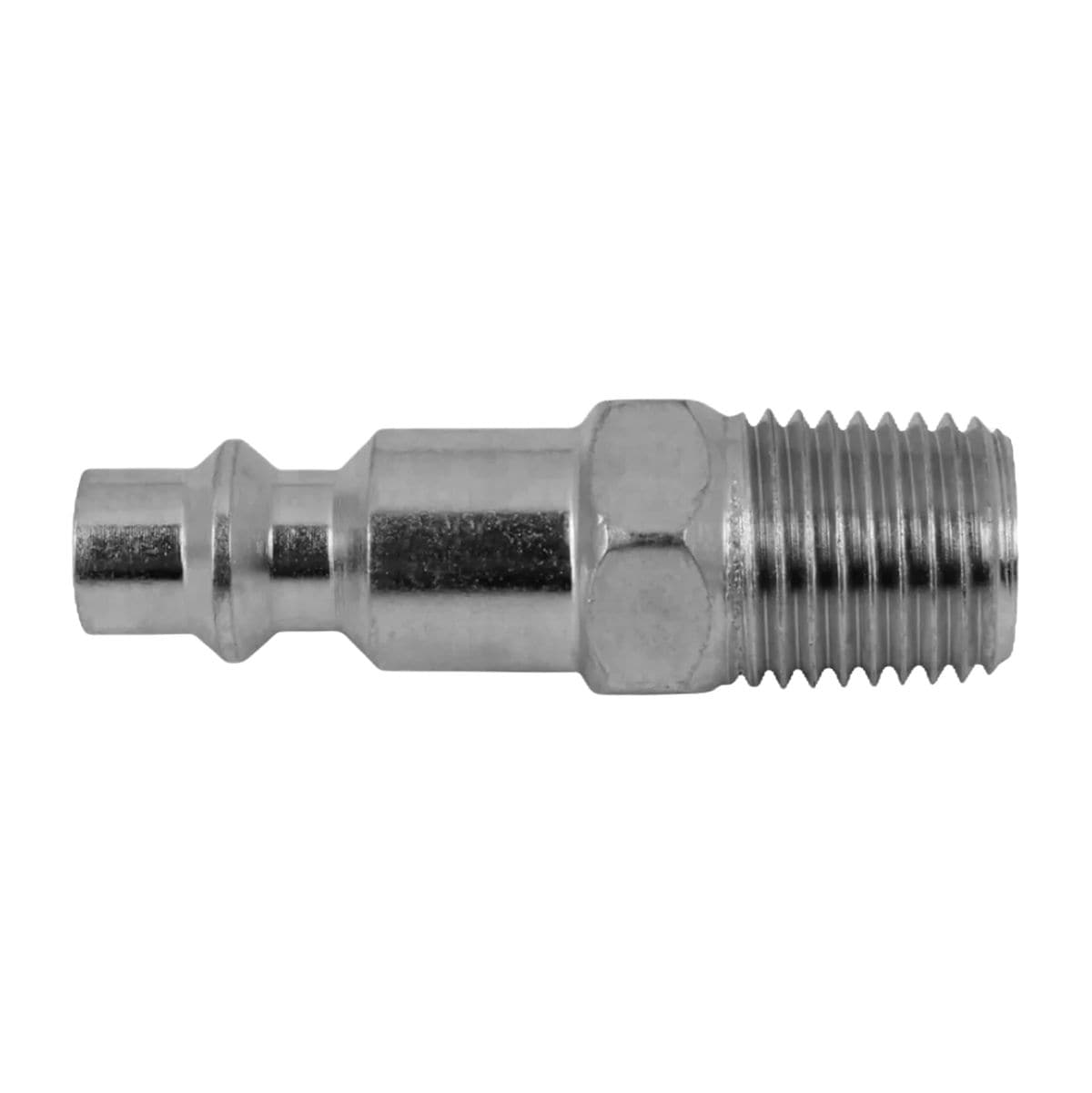 A high-resolution product image of the Spotnails PS1414-M 1/4-inch industrial-style air coupler plug, showcasing the durable steel construction, the specialized M-style quick-connect plug end, and the 1/4-inch Male NPT precision-machined threads for pneumatic hose and tool connections.