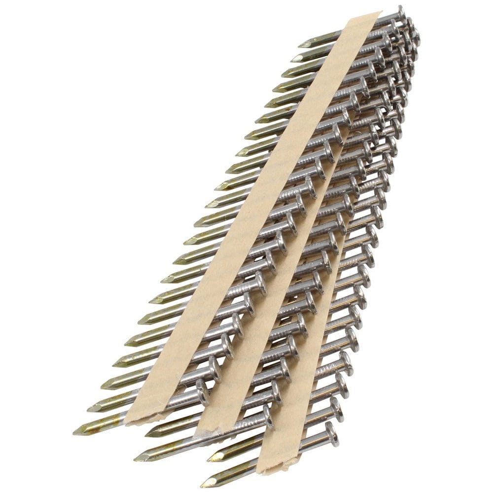 A strip of Spotnails TRJ4D131 1-1/2 inch by .131 hardened steel joist hanger nails, featuring 34-degree paper tape collation and full round heads for structural framing and metal connector applications.