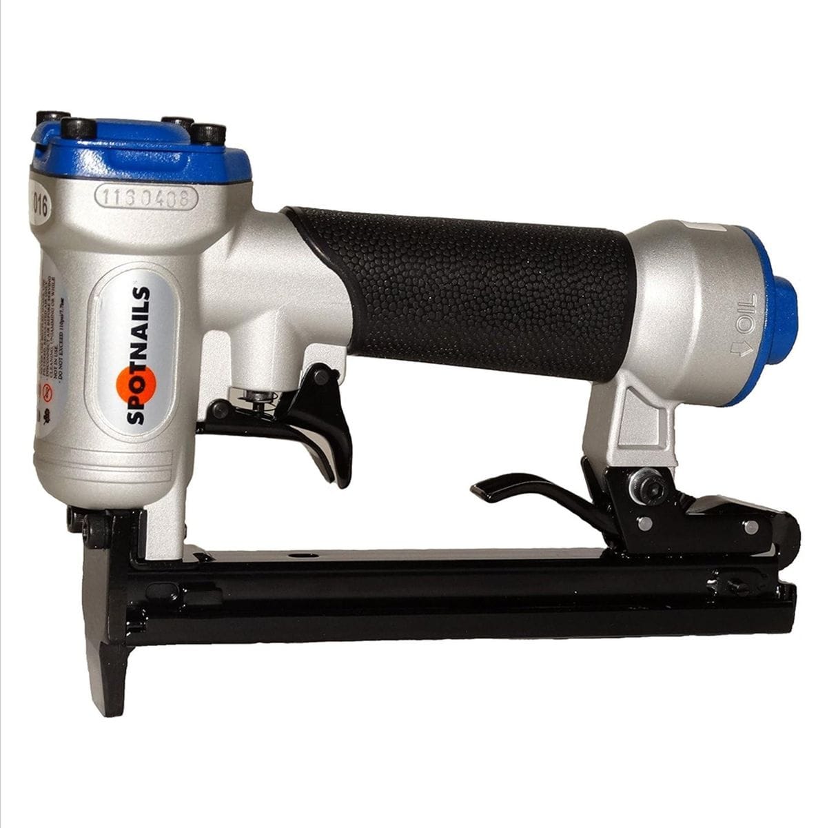 A silver and black Spotnails PSA1116 pneumatic upholstery stapler with a blue exhaust cap, showing the rear-load magazine and rubberized grip.