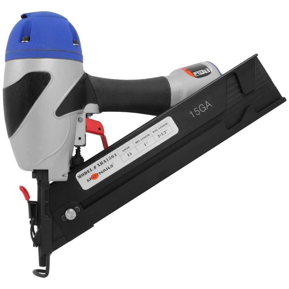 A side view of the Spotnails XBA1564 15 gauge angled finish nailer, showing the ergonomic handle, the blue top, and the angled magazine displaying the 15GA fastener information.