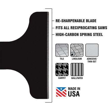 Diagram showing key features of the Spyder scraper, including Re-sharpenable Blade, High-Carbon Spring Steel construction, Universal fit, and its primary material applications: Tile, Linoleum, Adhesive/Thin-Set, Carpet, and Wallpaper.