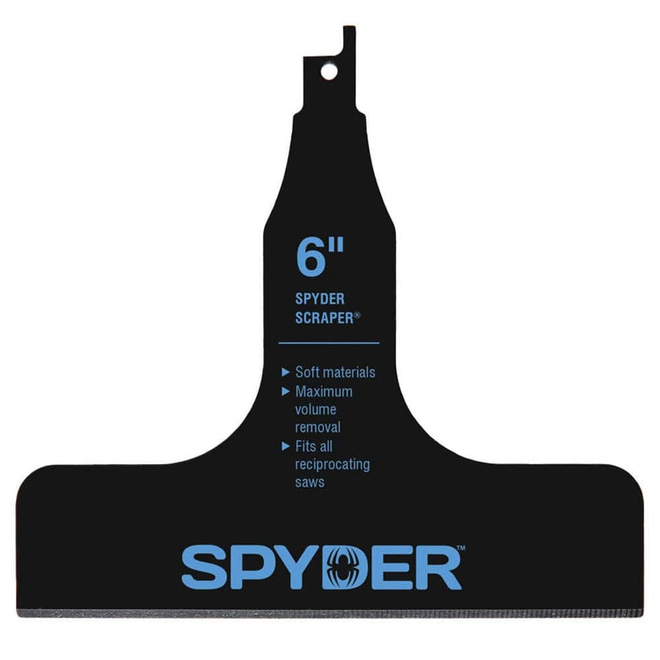 Product photo of the 6 inch wide Spyder Scraper attachment, highlighting its universal mounting shank and its primary uses for soft materials and maximum volume removal.