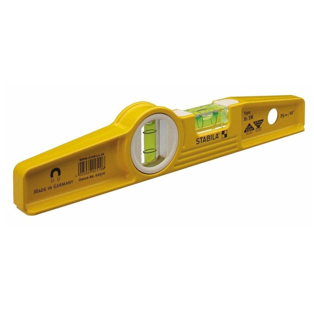 Yellow Stabila 10-inch die-cast magnetic torpedo level showing the horizontal and vertical vials, and the recessed rare earth magnet below the precision-milled base.