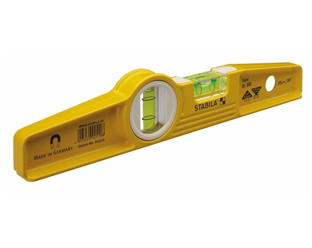 Yellow Stabila 10-inch die-cast magnetic torpedo level showing the horizontal and vertical vials, and the recessed rare earth magnet below the precision-milled base.