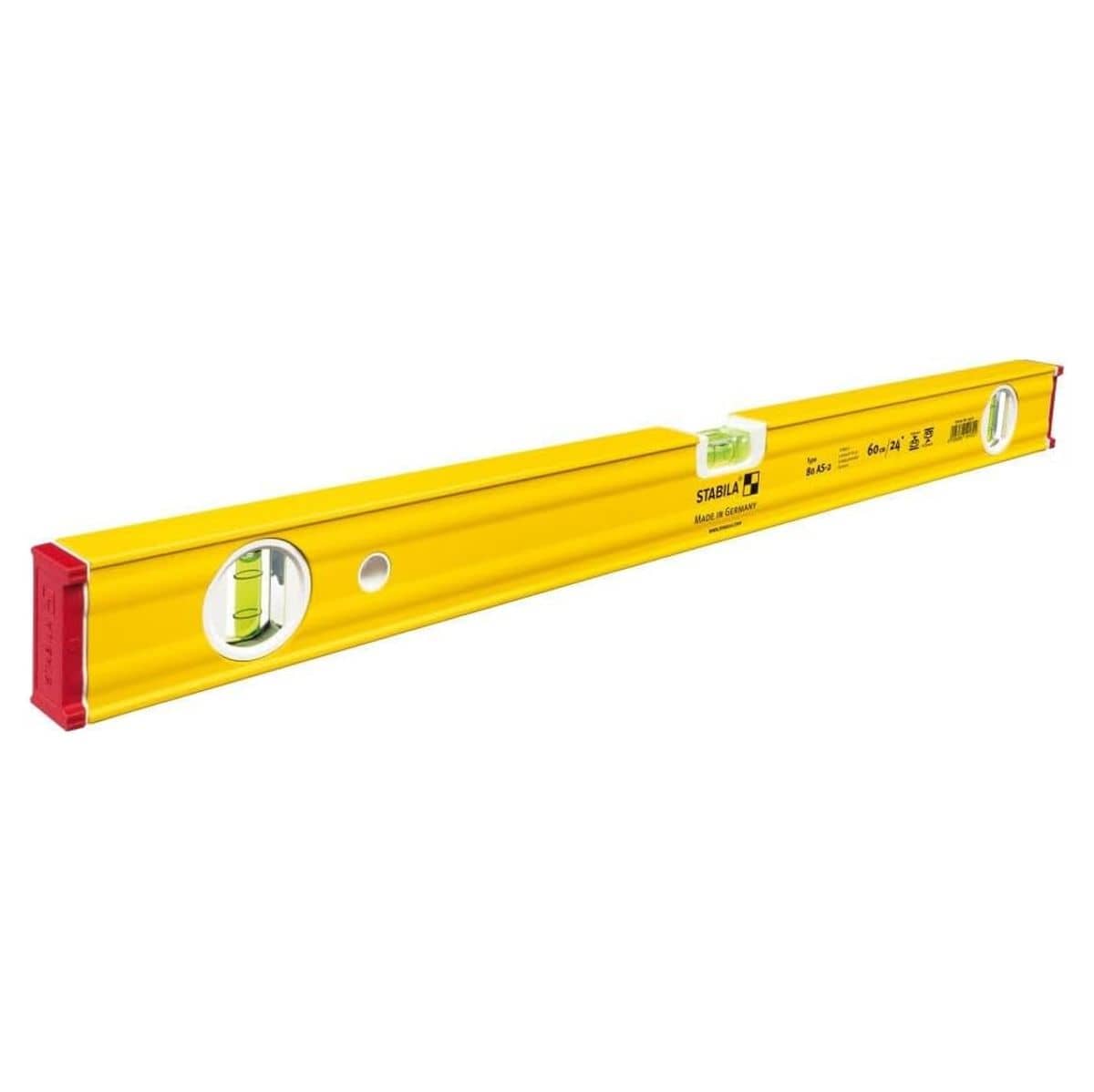 An e-commerce studio product view of the yellow Stabila 29024 Type 80A-2 24-inch box frame level, showing its precision aluminum body, red shock-absorbing end caps, dual horizontal vials, and vertical plumb vial layout against a isolated white background.