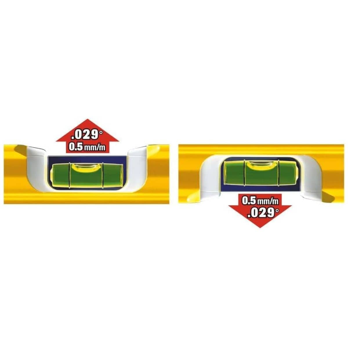 A technical feature graphic detailing the certified accuracy of the Stabila bubble level vials, showing close-up side views of a vial oriented face up and face down with red arrow callouts highlighting its precision measurement rating of 0.029 degrees or 0.5 mm/m.