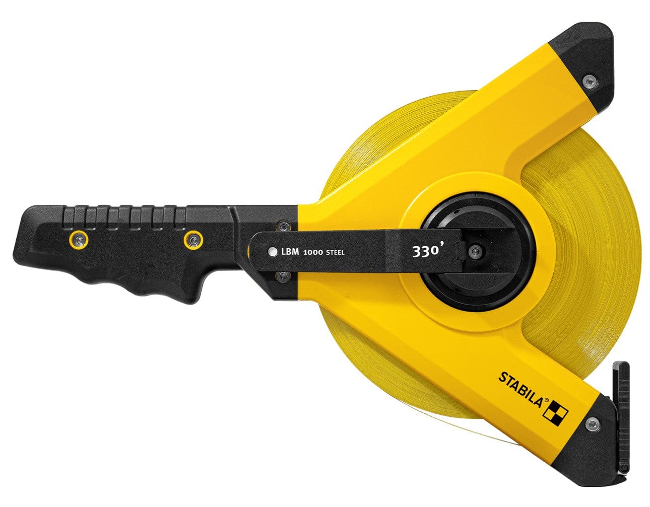 Stabila 30930 LBM 1000 STEEL open reel tape measure shown in a close‑up product view with high‑contrast yellow housing, steel blade reel, ergonomic crank labeled 330 degrees, and durable Y‑frame design engineered for long‑distance measuring on professional jobsites.