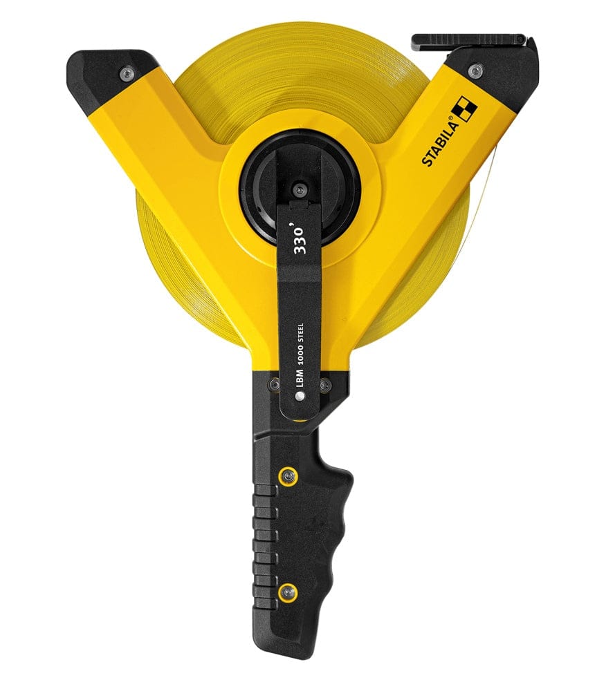 Stabila LBM 1000 STEEL open reel tape measure displayed in a triangular Y‑frame reel with high‑visibility yellow finish, universal hook, 330‑degree winding crank, and steel blade construction designed for accurate 165‑foot measurements in construction and surveying applications.