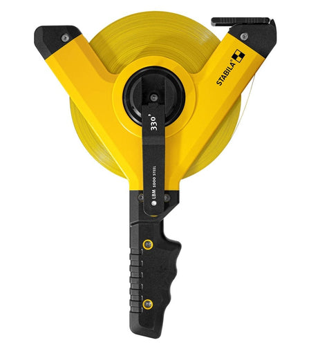 Stabila LBM 1000 STEEL open reel tape measure displayed in a triangular Y‑frame reel with high‑visibility yellow finish, universal hook, 330‑degree winding crank, and steel blade construction designed for accurate 165‑foot measurements in construction and surveying applications.