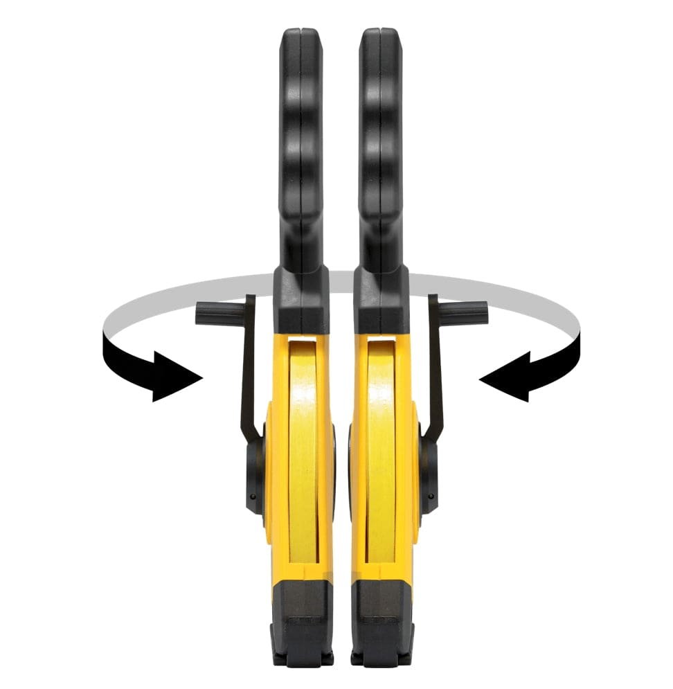 Two Stabila LBM 1000 STEEL open reel tape measures shown side by side with directional arrows illustrating clockwise and counterclockwise crank rotation, highlighting the smooth winding mechanism and durable open‑reel design for long‑distance measurement tasks.