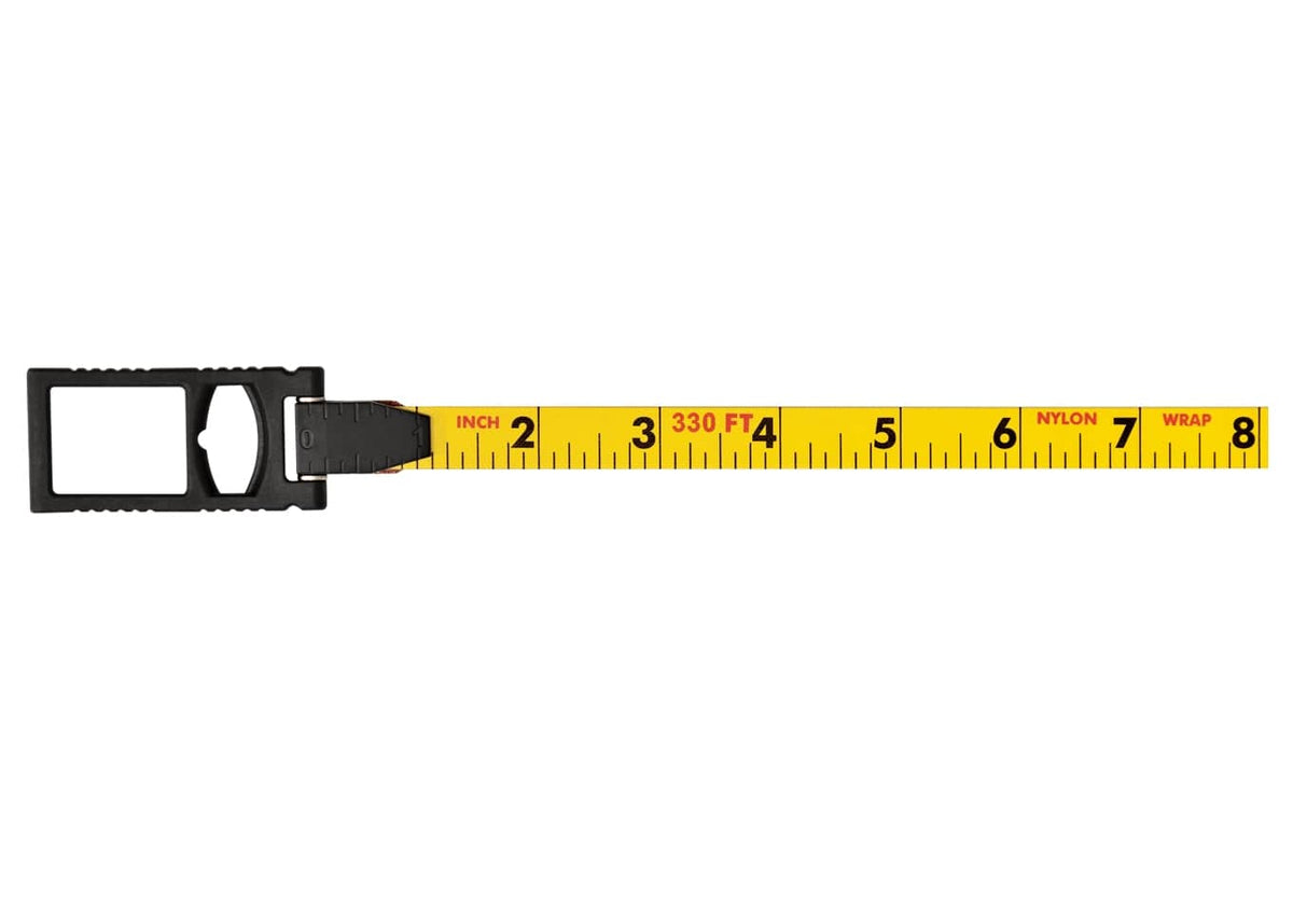 Close‑up of Stabila steel measuring tape extended from the 2‑inch to 8‑inch marks, featuring high‑contrast black and red imperial scale markings and nylon‑wrapped steel blade for precise, long‑distance measurement accuracy on professional construction surfaces.