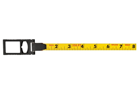 Close‑up of Stabila steel measuring tape extended from the 2‑inch to 8‑inch marks, featuring high‑contrast black and red imperial scale markings and nylon‑wrapped steel blade for precise, long‑distance measurement accuracy on professional construction surfaces.