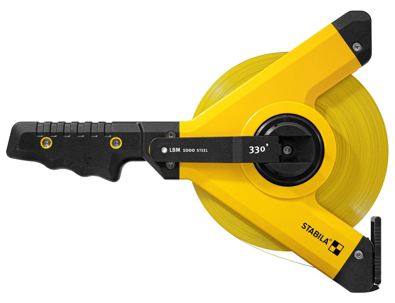 Stabila 30930 LBM 1000 STEEL open reel tape measure shown with ergonomic grip handle, reinforced Y‑frame housing, 330‑degree crank, and high‑contrast steel blade reel designed for durability and accuracy in demanding jobsite measuring conditions.