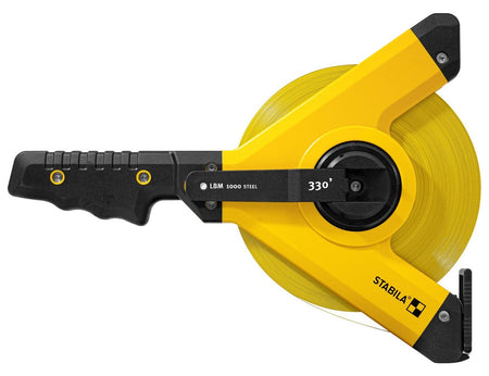 Stabila 30930 LBM 1000 STEEL open reel tape measure shown with ergonomic grip handle, reinforced Y‑frame housing, 330‑degree crank, and high‑contrast steel blade reel designed for durability and accuracy in demanding jobsite measuring conditions.